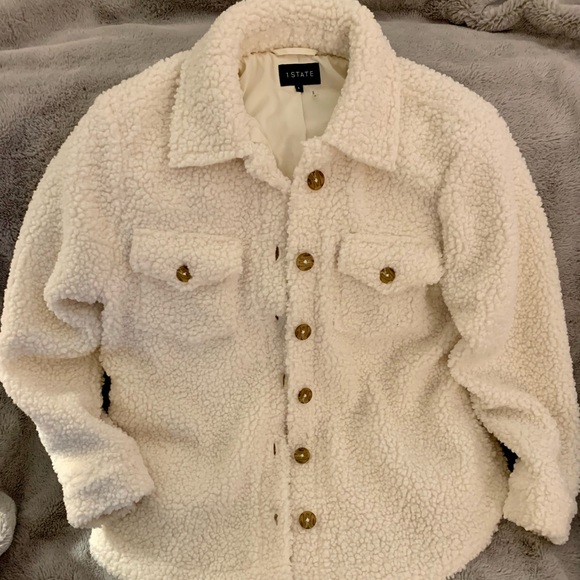 1. State Ivory Sherpa Button Front Shacket, Size Large - Picture 2 of 9